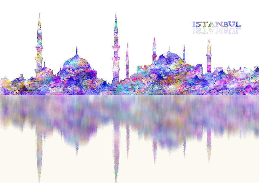 Istanbul Skyline Painting - ISTANBULTurkey watercolor reflections by Georgeta Blanaru