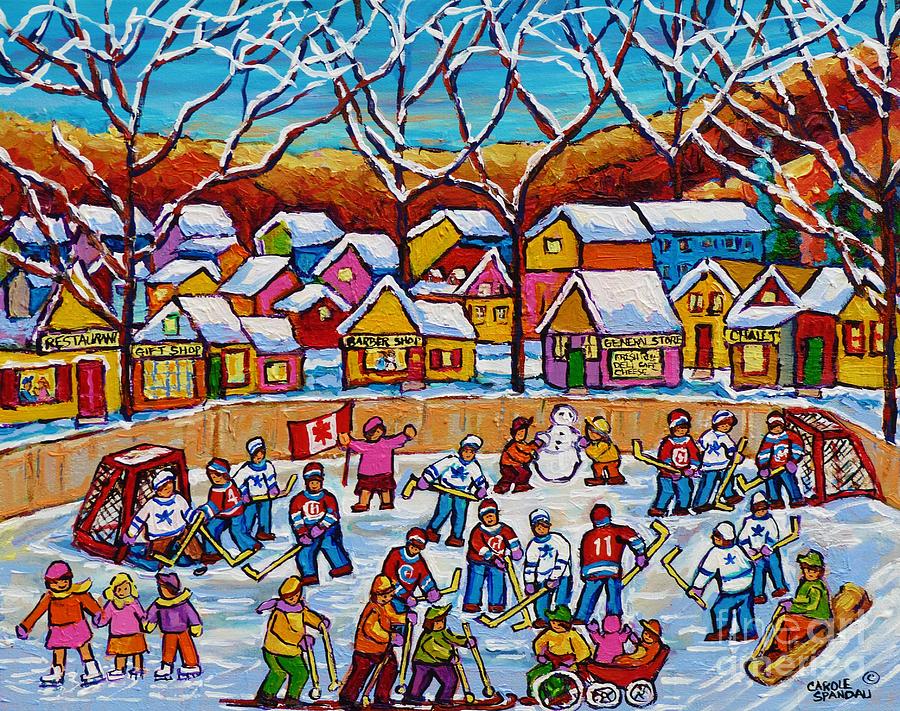 It Takes A Village Winter Playground Outdoor Hockey Rink Country Landscape Canadian Painting         Painting by Carole Spandau