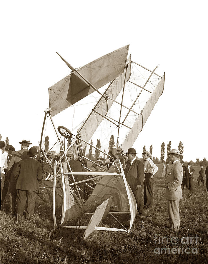 Aeroplane Photograph - It was a good landing the pilot walked away  twin wing aircraft  Circa 1909 by Monterey County Historical Society