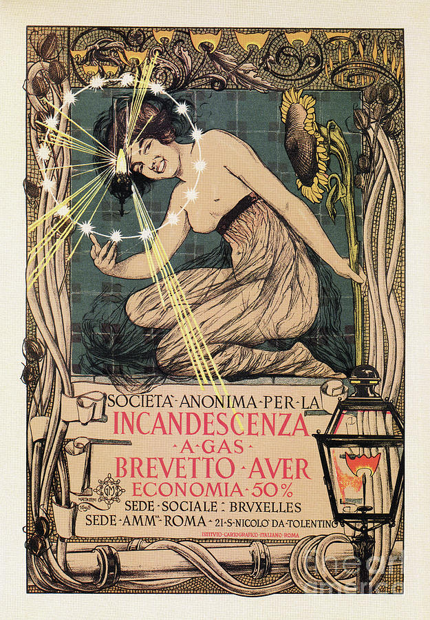 Italian art nouveau street gas lighting ad Drawing by Heidi De Leeuw