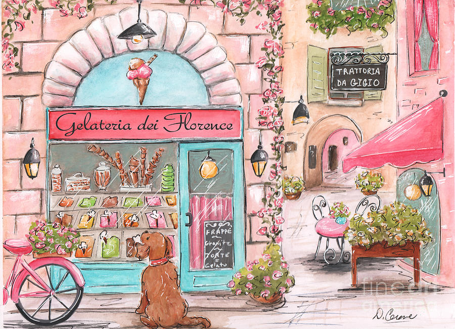Italian Girl - Gelato Shop, Florence, Italy Street Scene Painting by Debbie Cerone