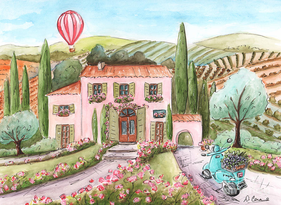Italian Girl - Tuscan Villa - Vineyards - Hot Air Balloon Painting by Debbie Cerone