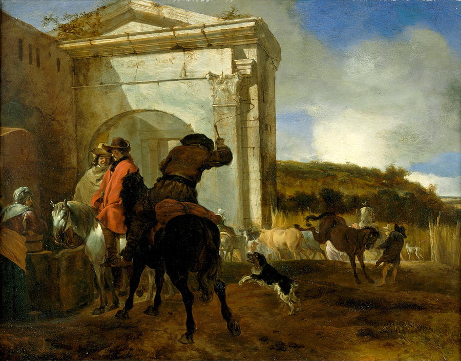 Dog Painting - Italian Landscape with Horsemen by a Spring by Jan Baptist Weenix