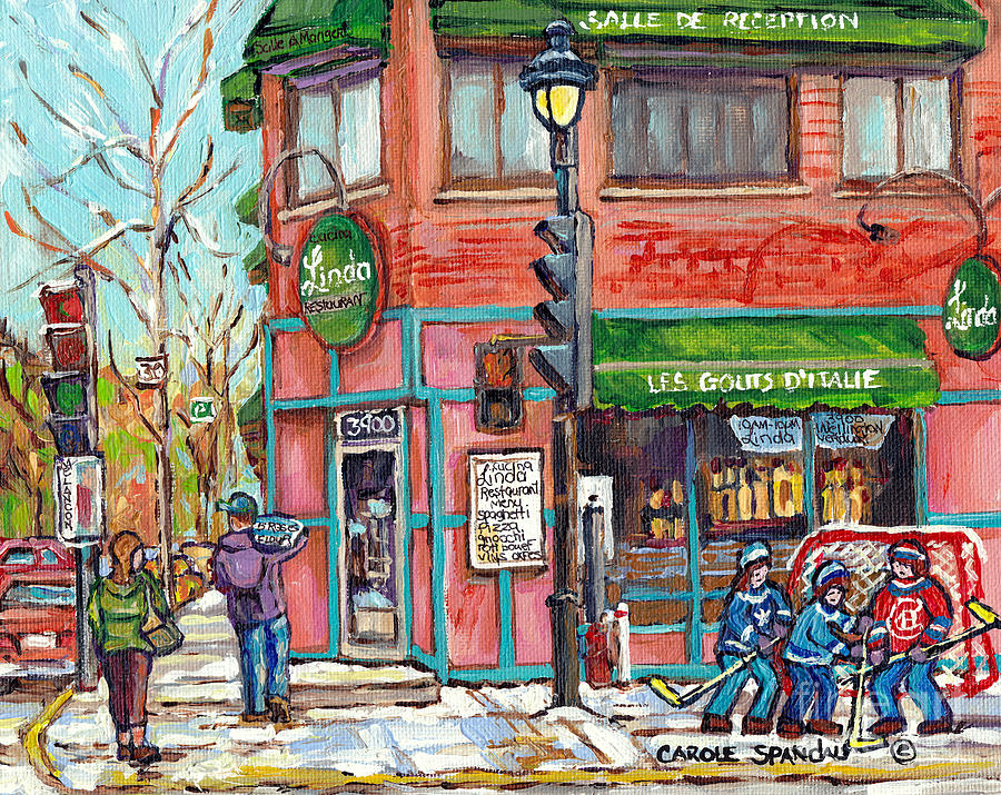 Italian Restaurant Linda Verdun Montreal Painting Winter City Scene Hockey Game Art Carole Spandau   Painting by Carole Spandau