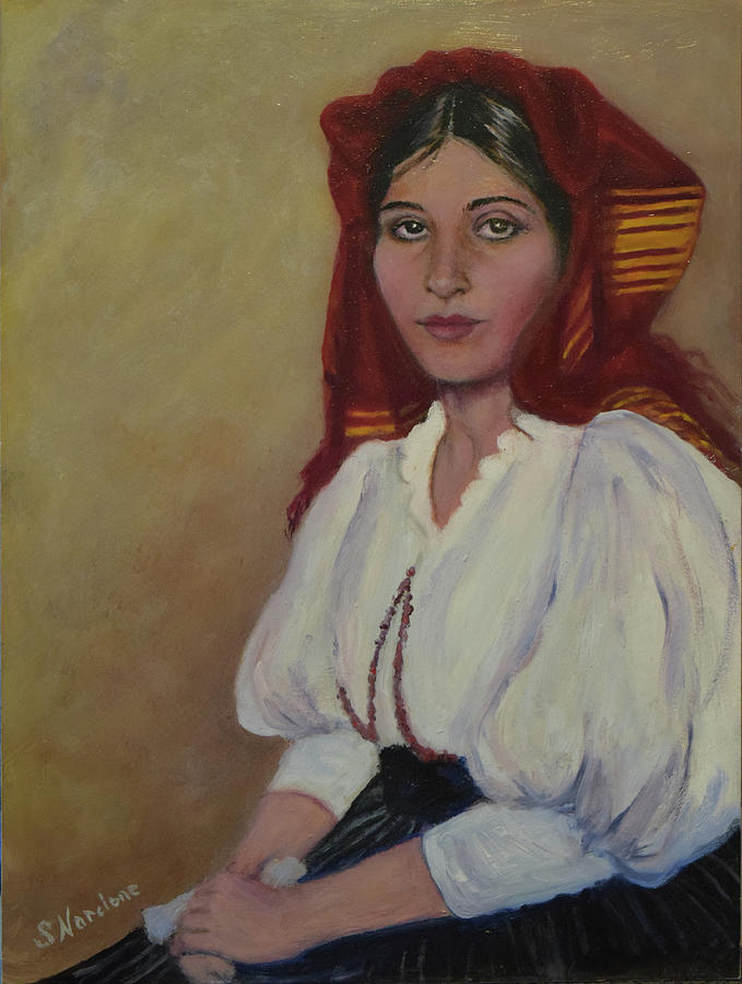 Italian Woman in Red Headdress Painting by Sandra Nardone