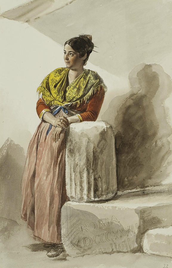 Italian Woman in Yellow Shawl Drawing by Karl Bryullov