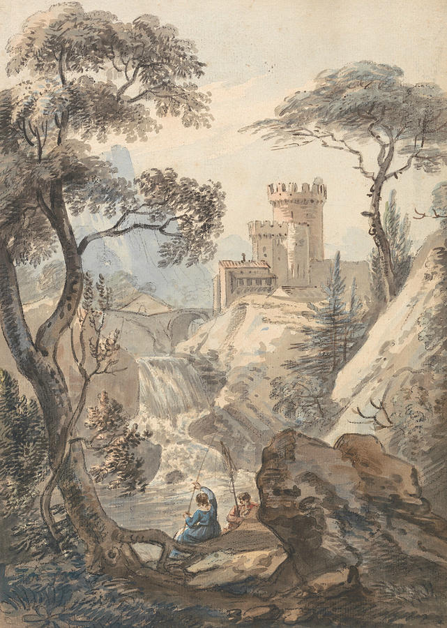Italianate Landscape with Castle, Cascade and Anglers Painting by Paul Sandby
