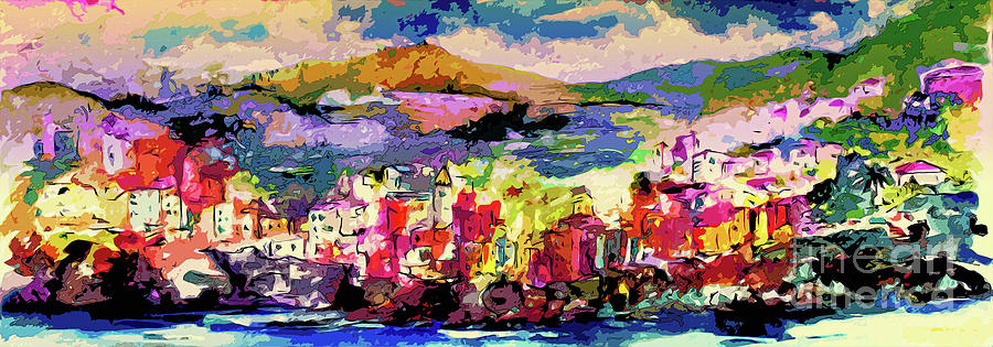 Italy Cinque Terre Riomaggiore Evening Light Modern Abstract Mixed Media by Ginette Callaway