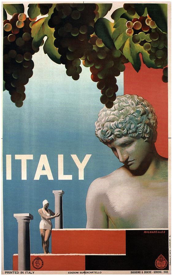 Italy - Grapes And Statue - Retro Travel Poster - Vintage Poster Mixed Media