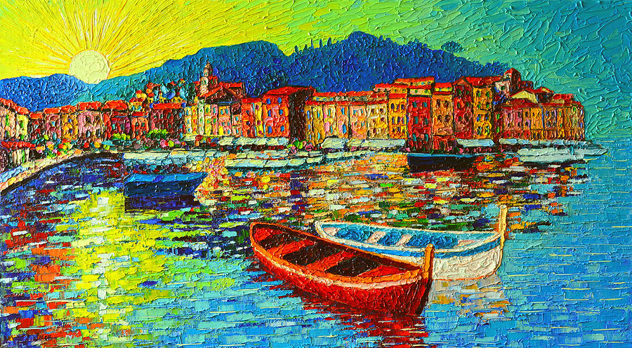 Italy Portofino Harbor Sunrise Modern Impressionist Palette Knife Oil Painting By Ana Maria Edulescu Painting by Ana Maria Edulescu
