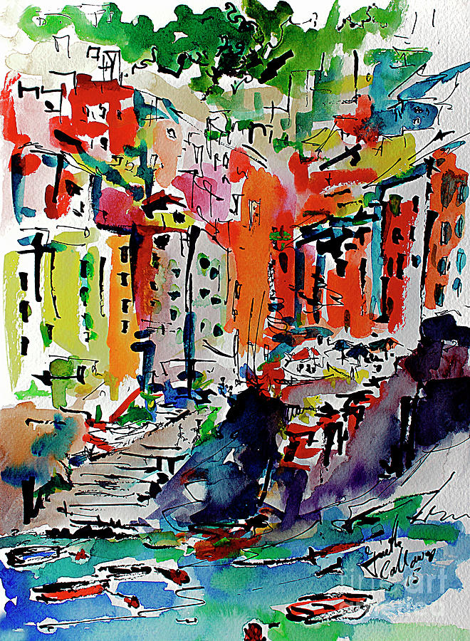 Italy Riomaggiore Expressive Watercolor Painting by Ginette Callaway