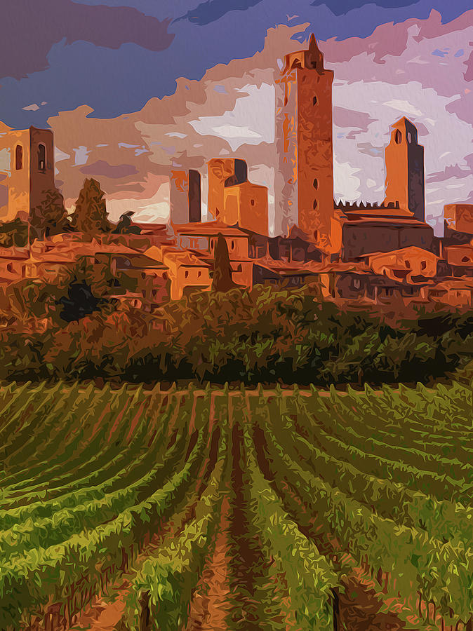Italy, sunset on San Gimignano Painting by AM FineArtPrints