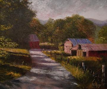 Landscape Painting - Ivy Log Barns by Pat Aube Gray Landscape Painting - Ivy Log Barns by Pat Aube Gray