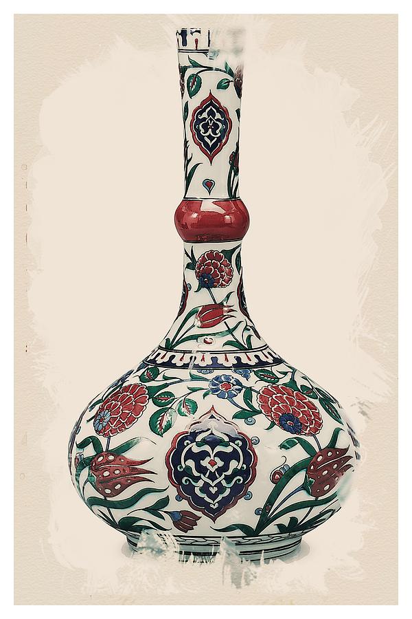Iznik style Chinoiserie Pottery Watercolor Series,  No 5b by Adam Asar Painting by Celestial Images
