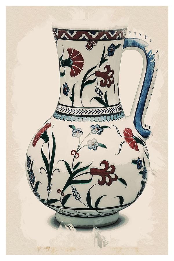 Iznik style Chinoiserie Pottery Watercolor Series,  No 5d by Adam Asar Painting by Celestial Images