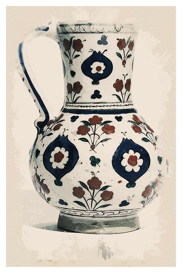 Iznik style Chinoiserie Pottery Watercolor Series,  No 6 by Adam Asar Painting by Celestial Images