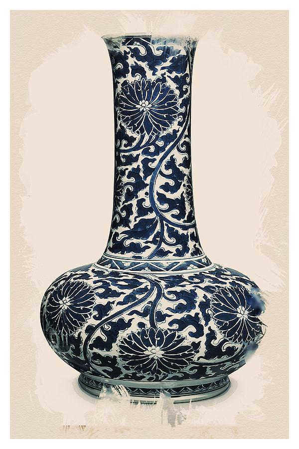 Iznik style Chinoiserie Pottery Watercolor Series,  No 7 by Adam Asar Painting by Celestial Images