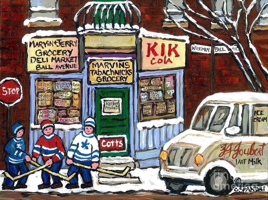 J J Joubert Vintage Milk Truck At Marvins Grocery Montreal Memories Street Hockey Best Hockey Art Painting by Carole Spandau