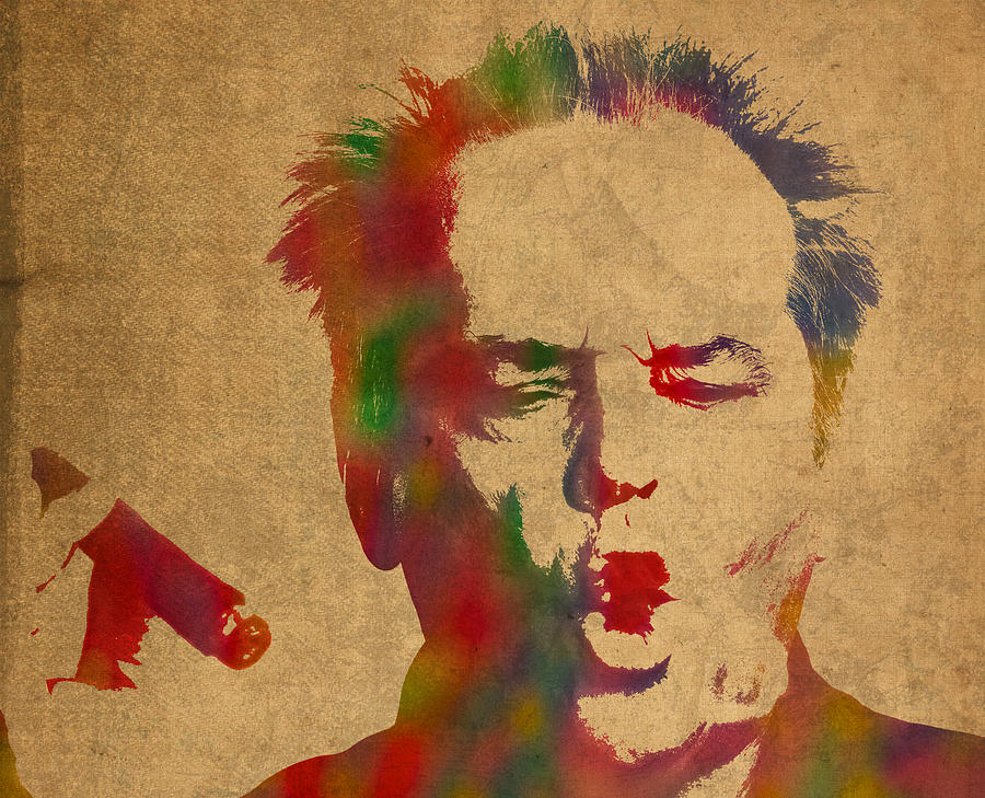 Jack Nicholson Mixed Media - Jack Nicholson Smoking a Cigar Blowing Smoke Ring Watercolor Portrait on Old Canvas by Design Turnpike