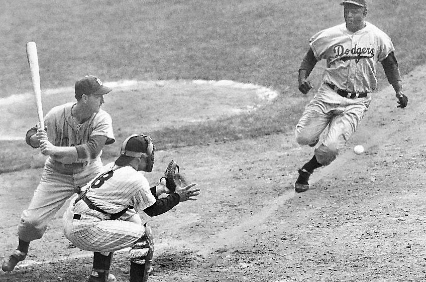 Jackie robinson stealing home Yogi Berra catcher in 1st game 1955 world  series Photograph by David Lee Guss - Fine Art America