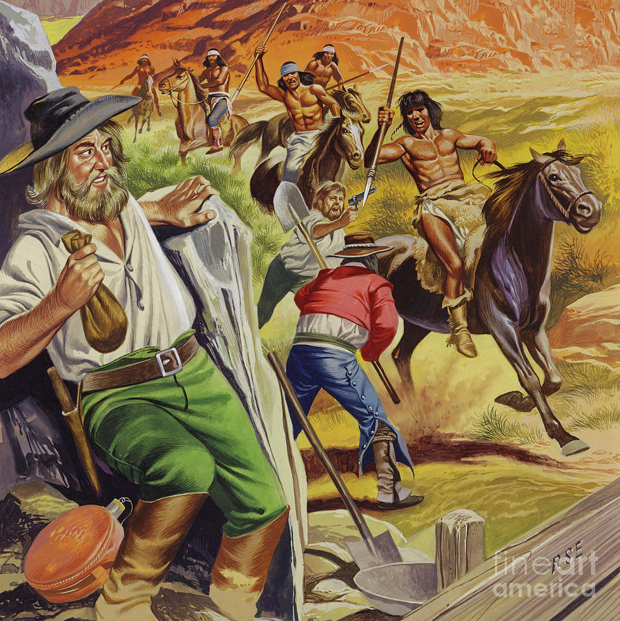 Jacob Waltz and his friend being attacked by Apache Indians Painting by Ron Embleton