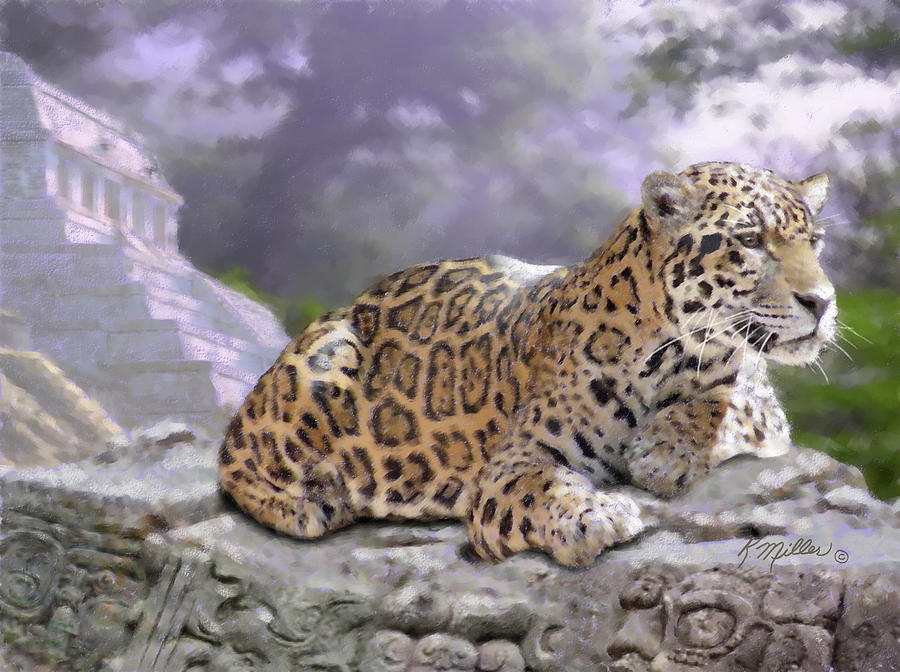 Jaguar and Mayan Temple Digital Art by Kathie Miller