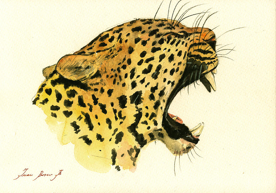 Leopard Decor Painting - Jaguar head painting watercolor by Juan  Bosco