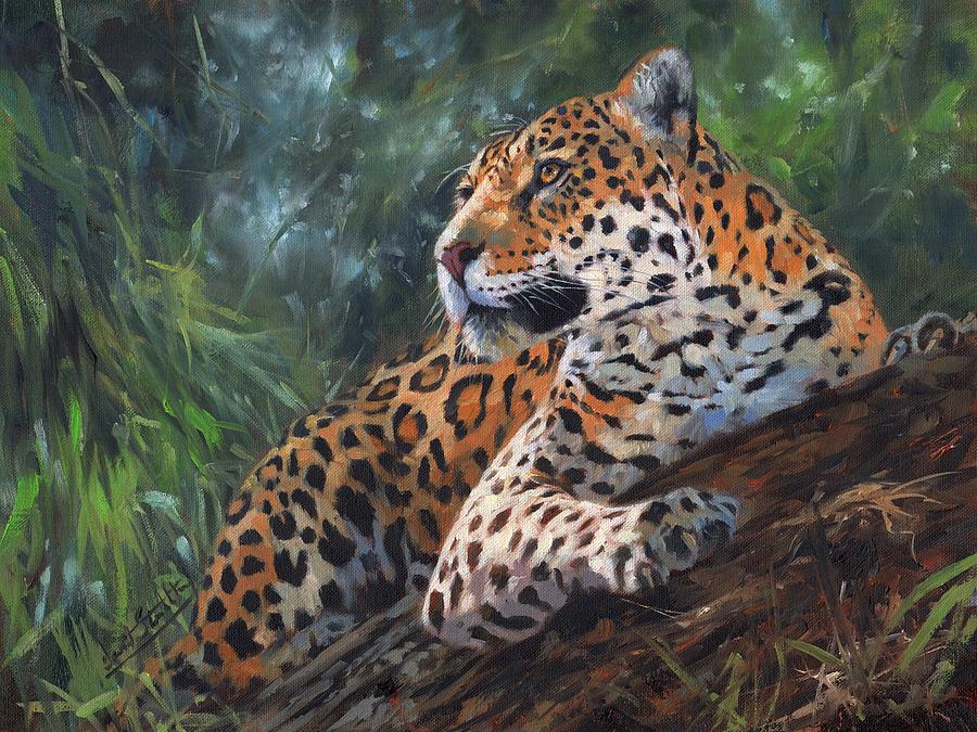 Jaguar In Tree Painting by David Stribbling