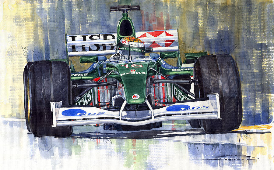 Watercolour Painting - Jaguar R3 Cosworth F1 2002 Eddie Irvine by Yuriy Shevchuk