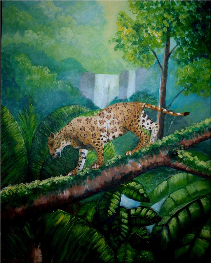 Jaguar waking in the wild forest Painting by Jean Pierre Bergoeing
