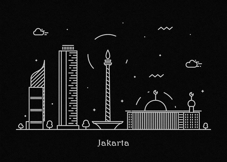 Jakarta Skyline Travel Poster Drawing by Inspirowl Design
