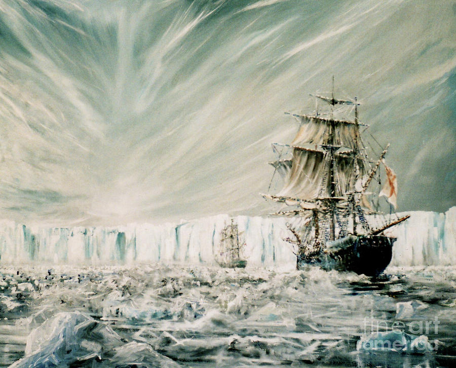James Clark Ross discovers Antarctic Ice Shelf Jan 1841 Painting by Vincent Alexander Booth