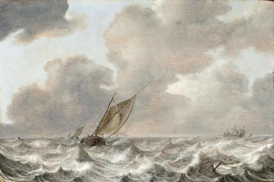 Jan Porcellis - Vessels In A Moderate Breeze Painting