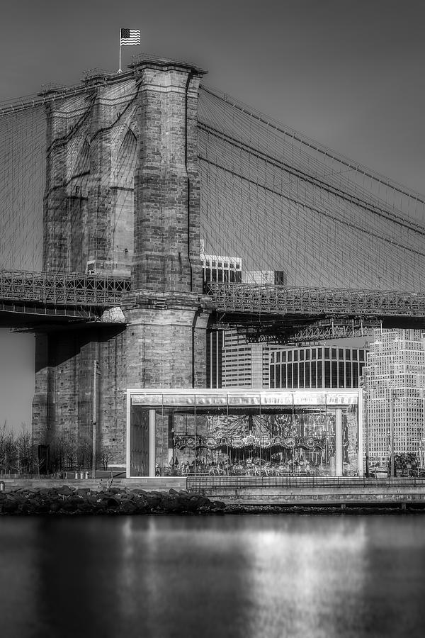 Janes Carousel Brooklyn Bridge BW Photograph by Susan Candelario