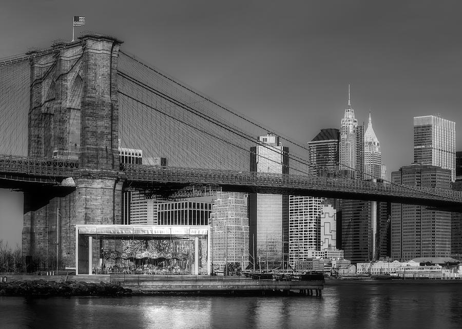 Brooklyn Bridge Photograph - Janes Carousel Brooklyn Bridge NYC BW by Susan Candelario
