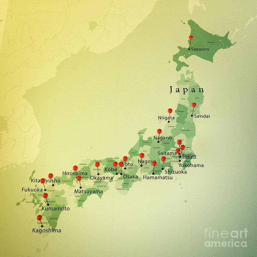 Japan Map Square Cities Straight Pin Vintage Digital Art by Frank Ramspott