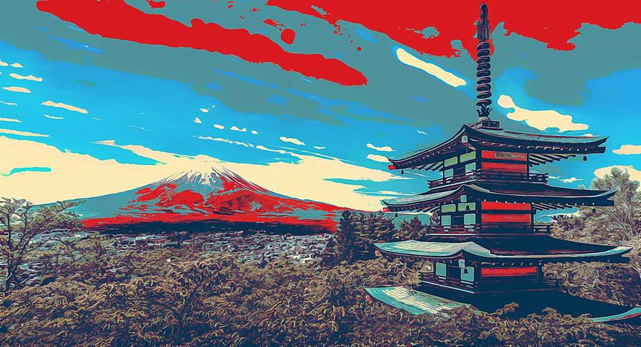 Japan Pagoda Fuji Volcano Travel Poster Painting by Celestial Images ...
