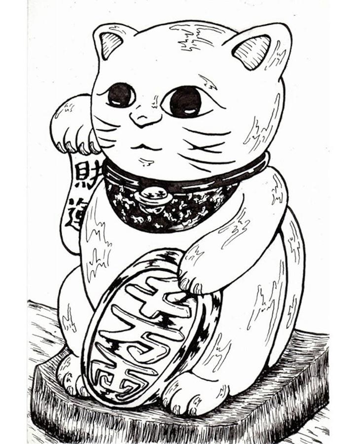 Cat Drawing - Japanese beckoning cat by Hisashi Saruta
