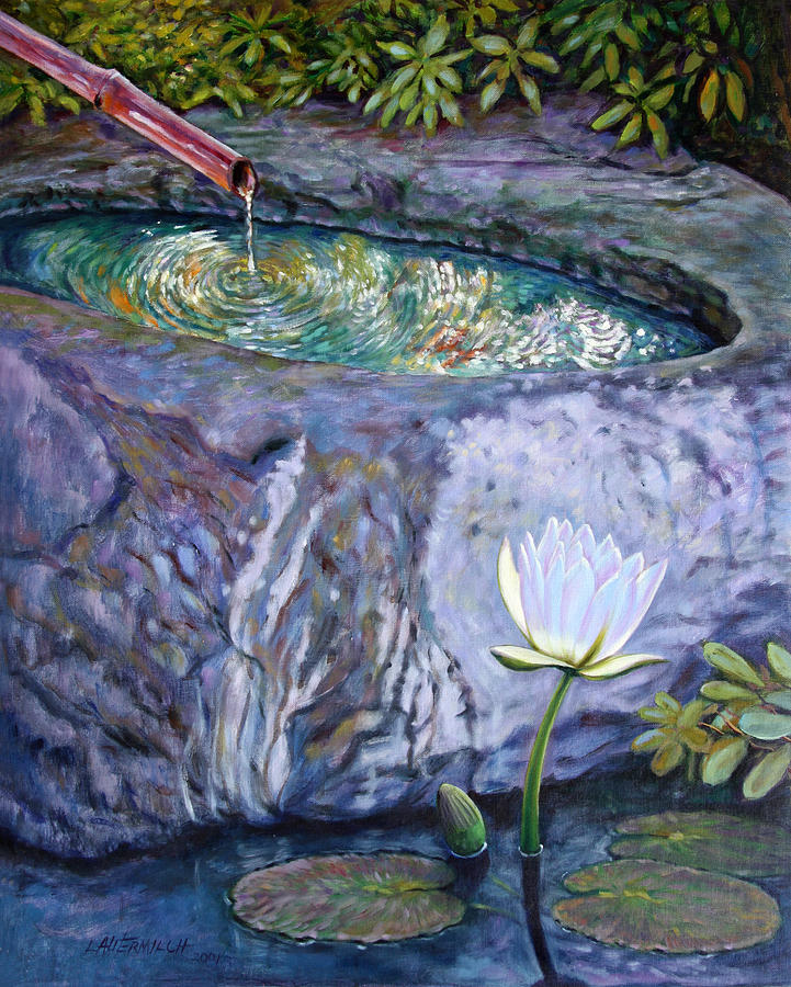 Japanese Fountain with Lily Painting by John Lautermilch