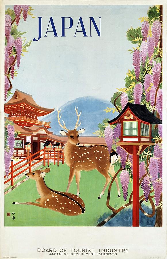 Japan Painting - Japanese Garden with Spotted Deer and Violet Blossoms - Vintage Travel Poster - Landscape by Studio Grafiikka