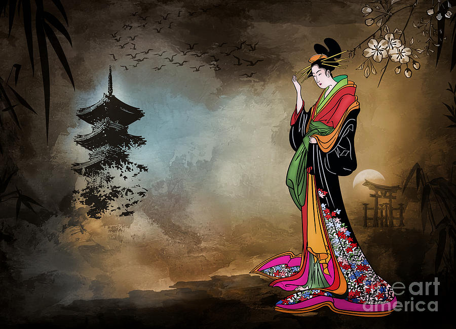 Japanese girl with a landscape in the background. Digital Art by Andrzej Szczerski