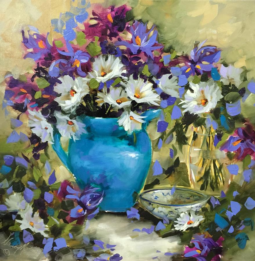 Japanese Iris and Daisies Painting by Nancy Medina