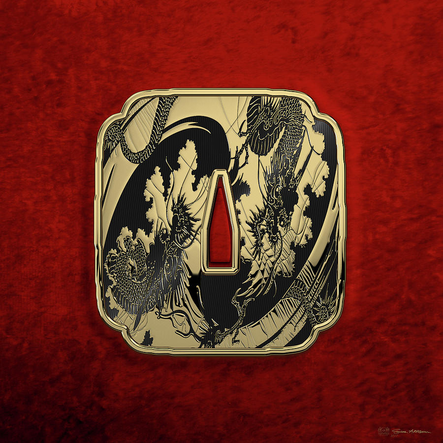 Japanese Katana Tsuba - Golden Twin Dragons on Black Steel over Red Velvet Digital Art by Serge Averbukh