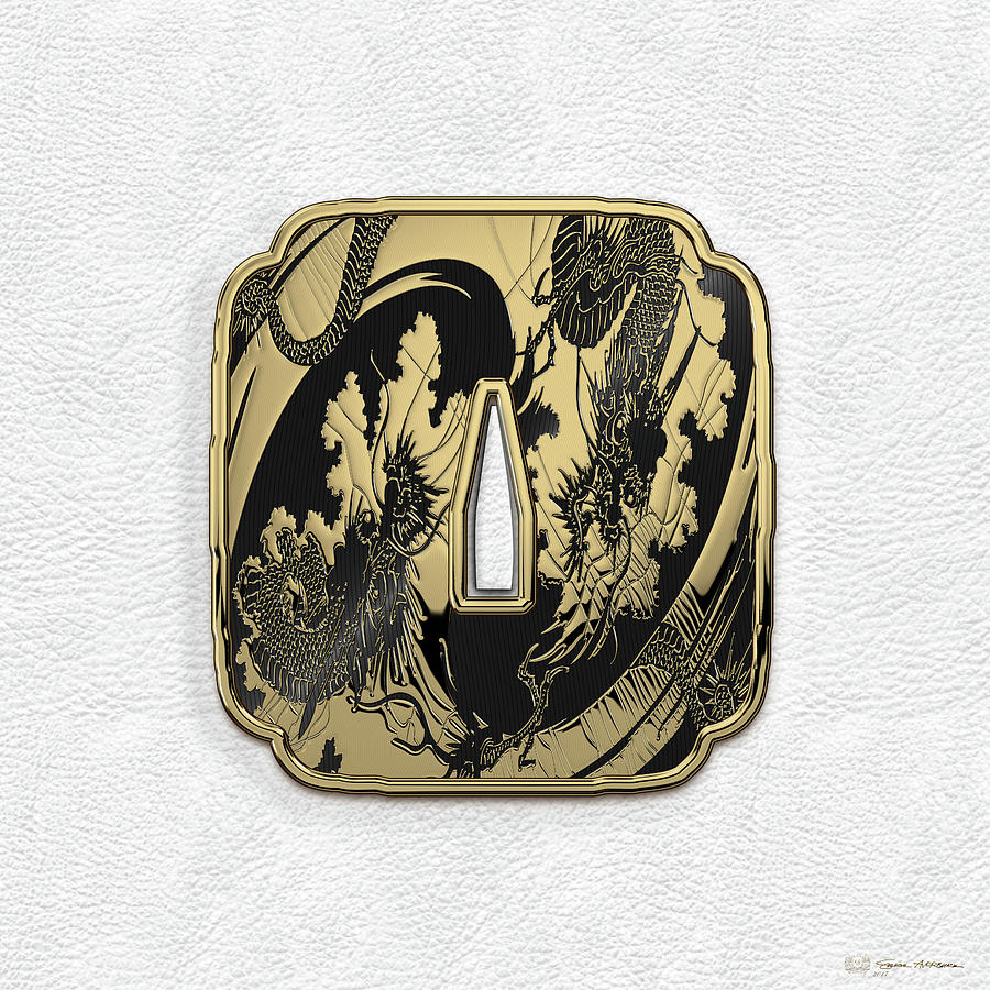 Japanese Katana Tsuba - Golden Twin Dragons on Black Steel over White Leather Digital Art by Serge Averbukh