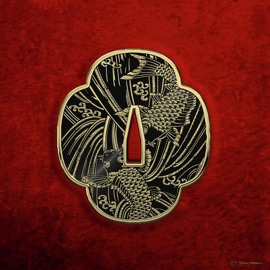 Japanese Katana Tsuba - Golden Twin Koi on Black Steel over Red Velvet Digital Art by Serge Averbukh