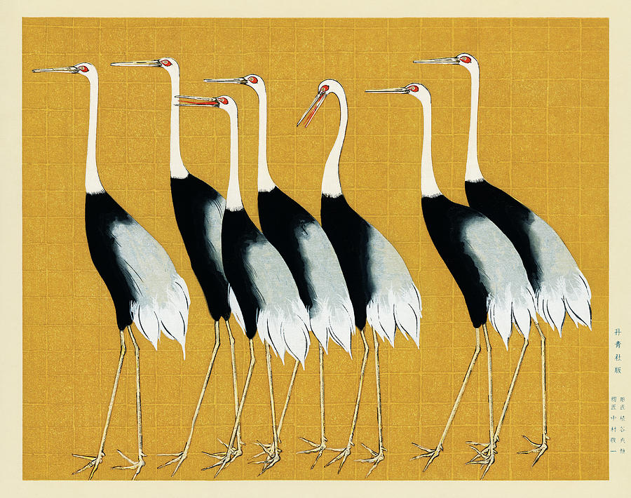Japanese red crown crane by Ogata Korin Painting by Vincent Monozlay