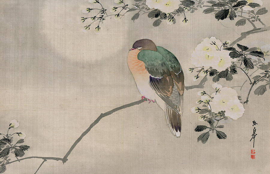 Flower Painting - Japanese Silk Painting of a Wood Pigeon by Japanese School