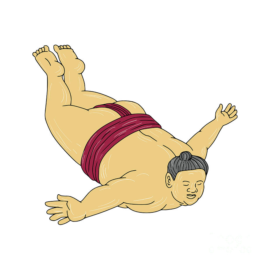 Japanese Sumo Wrestler Skydiving Drawing Digital Art by Aloysius