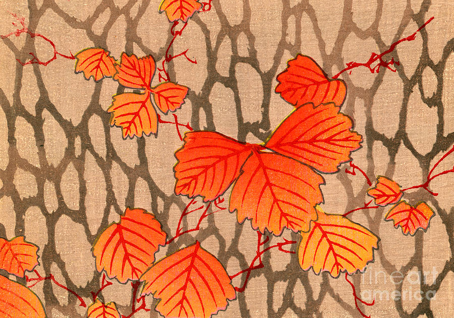 Japanese woodblock print of autumn leaves Tapestry - Textile by Japanese School