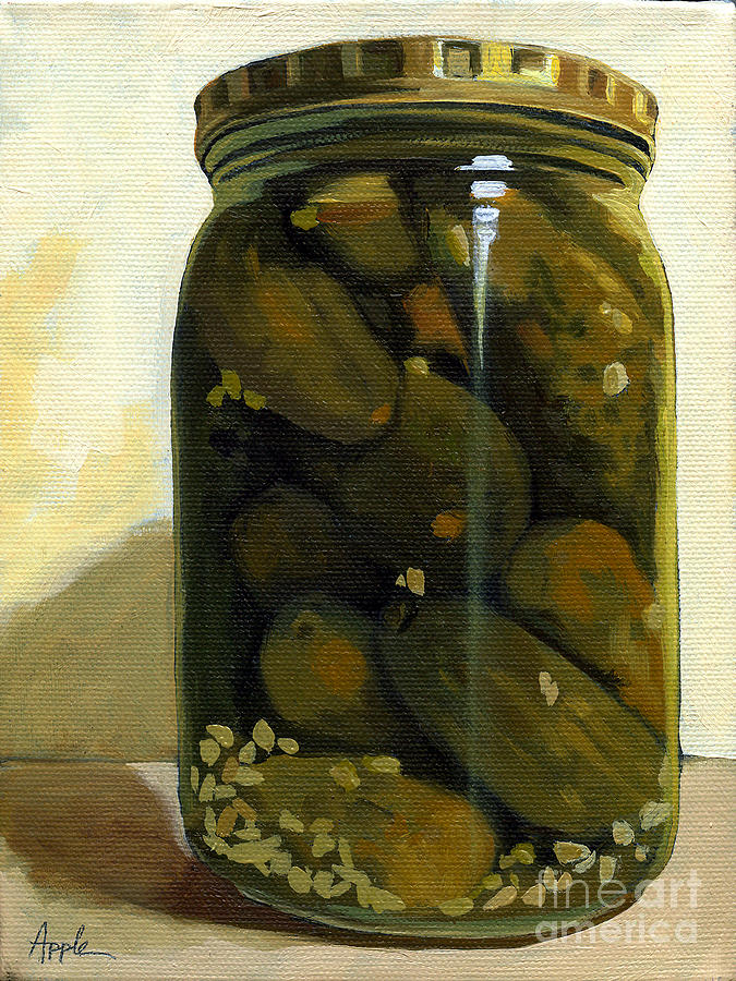JAR of GARLIC DILL PICKLES - still life oil painting Painting by Linda Apple